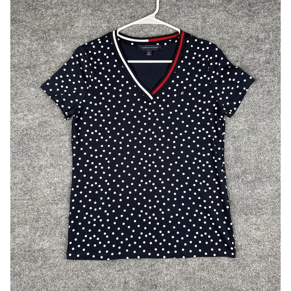 Tommy Hilfiger Womens Small Navy White Polka Dot V Neck Stretch T Shirt Logo